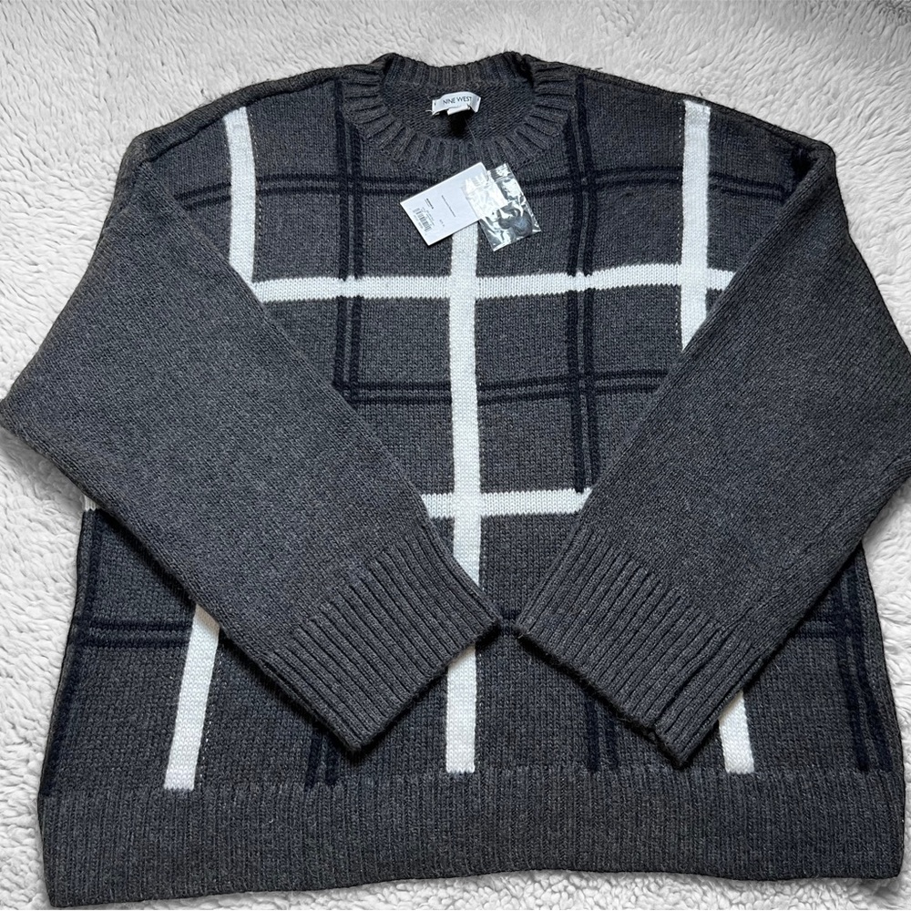 Nine West crew neck gray plaid sweater New With Tags size XL women